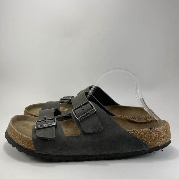 Birkenstock Arizona Slide Sandals Gray Leather Mens Size 45/US 12 Soft Footbed